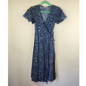 Marine Layer Navy Blue Floral Emlyn Hemp Blend Wrap Midi Dress XS EUC